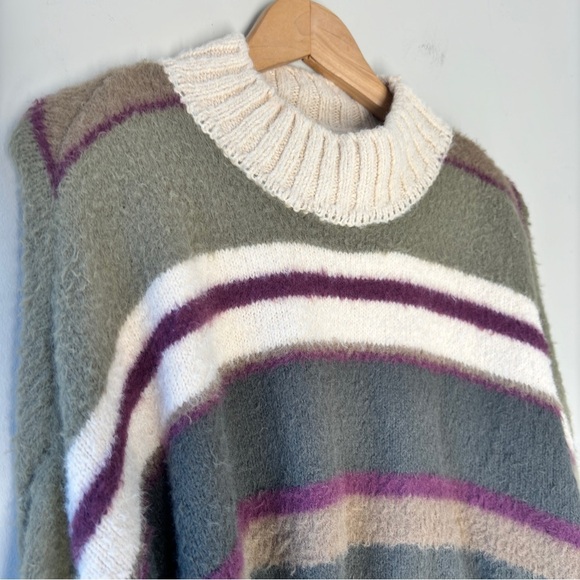 Free People Fuzzy Cropped Sofie Sweater Striped Army Green Purple Combo Size M - Picture 4 of 14